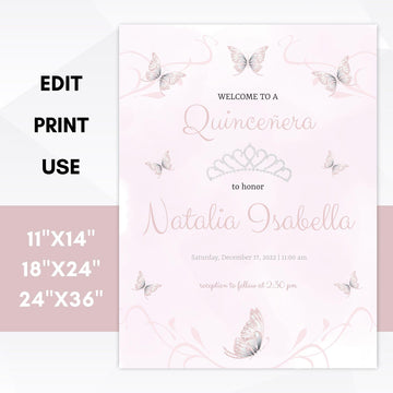 pink butterfly quinceanera party signs